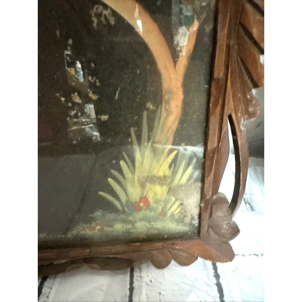2 VTG Mexican Folk Art Feathercraft Feather Colorful Birds Carved Wood Frame